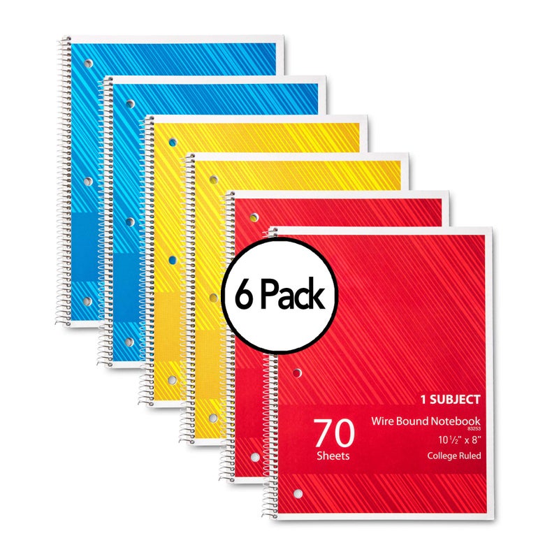 Manaloom Spiral Notebook, 1-Subject College Ruled 70 Sheets, Spiral Bound School Note books, Lined Paper, Home School Supplies for College Students & K-12, 10 1/2" x 8â€, Assorted Colors - 6 Pack - Image 1